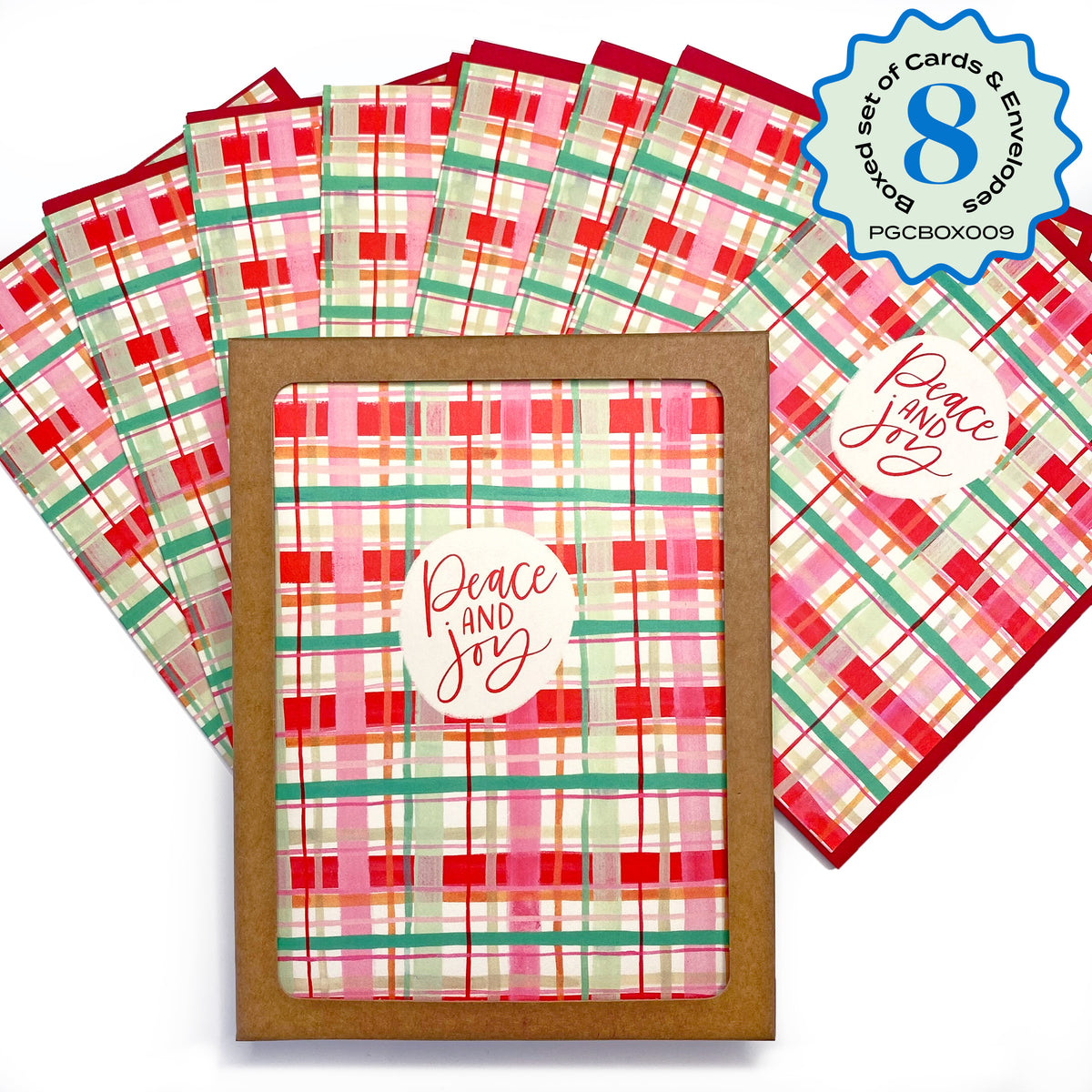 Boxed Set of 8 Cards-Peace and Joy (Pink/ Green) Plaid Greeting Cards