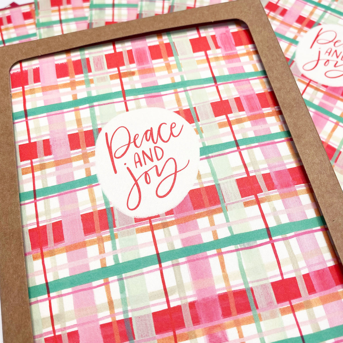 Boxed Set of 8 Cards-Peace and Joy (Pink/ Green) Plaid Greeting Cards