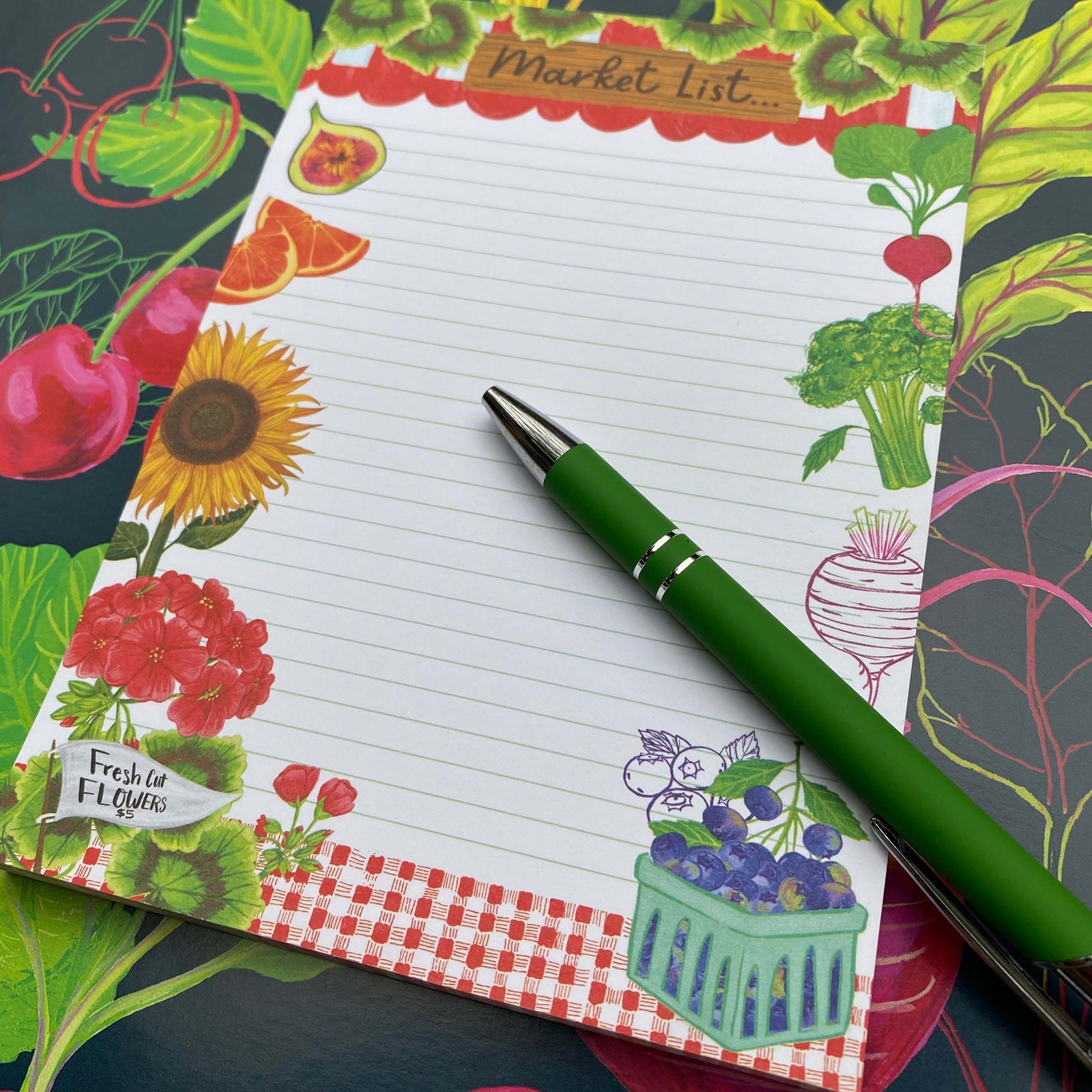 Market List Notepad containing illustration  of fruits, vegetables and flowers. Light Mint green background.