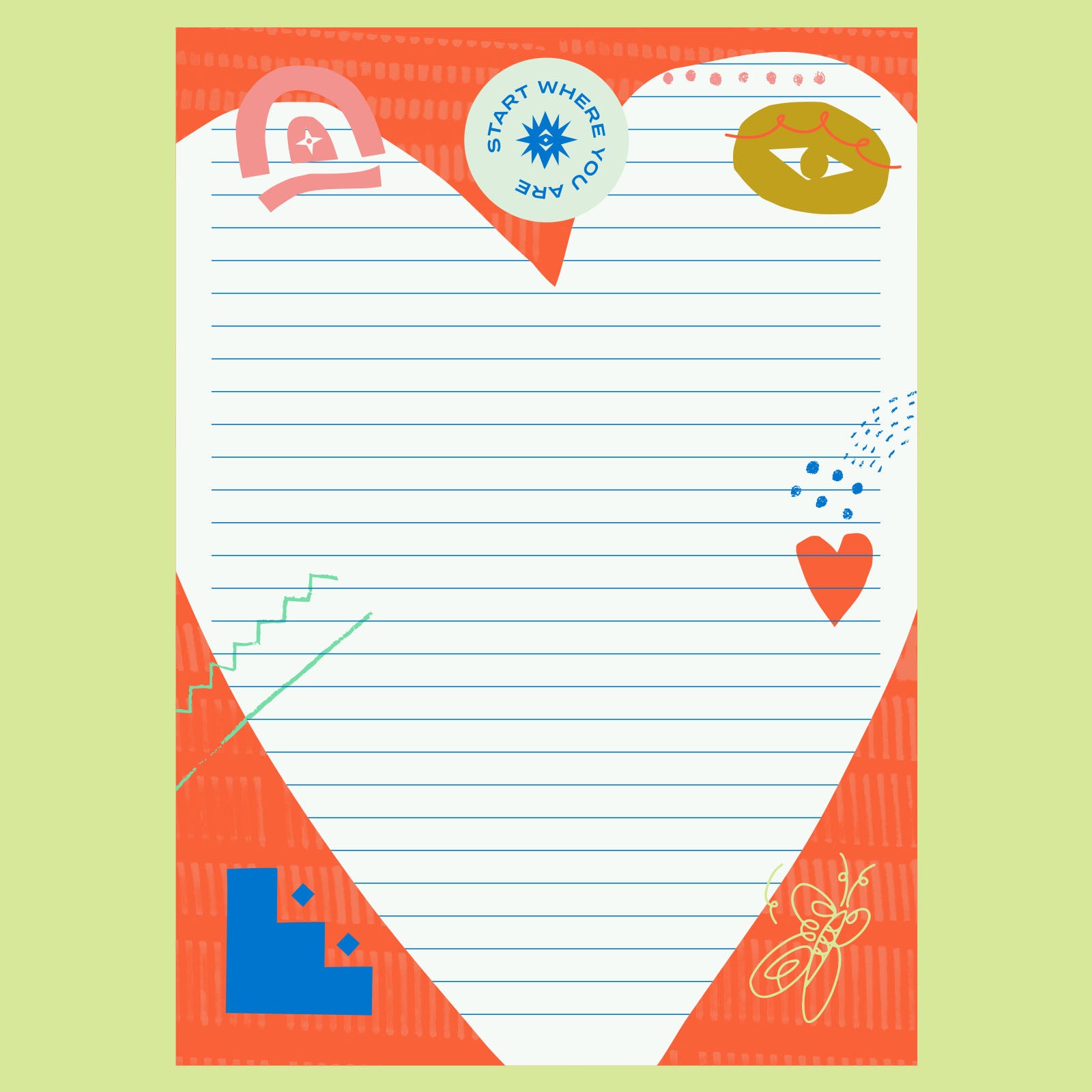 Red and white colorful notepad with the saying Start Where You Are at the top. On a lime green background. 