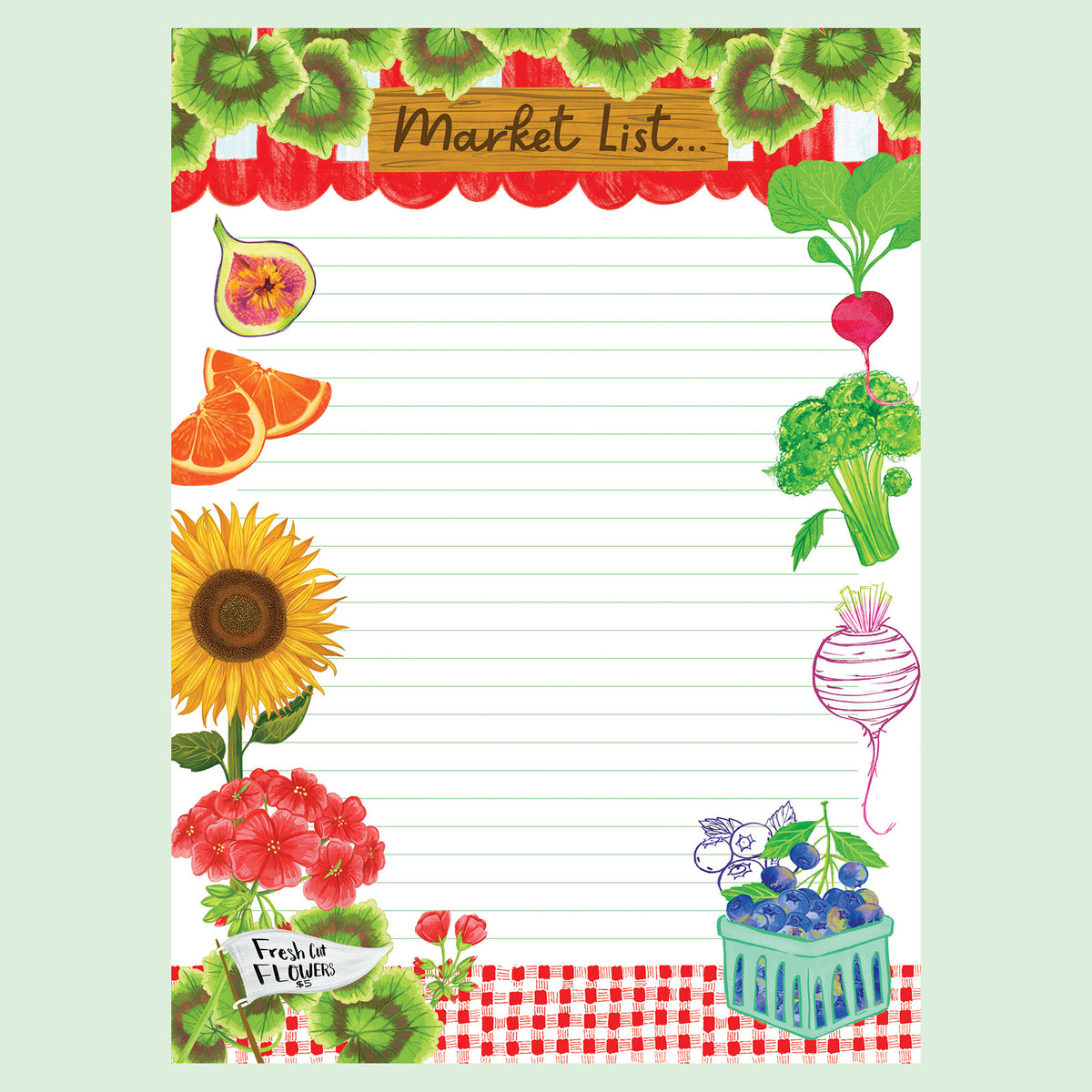Market List Notepad containing illustration  of fruits, vegetables and flowers. Light Mint green background.