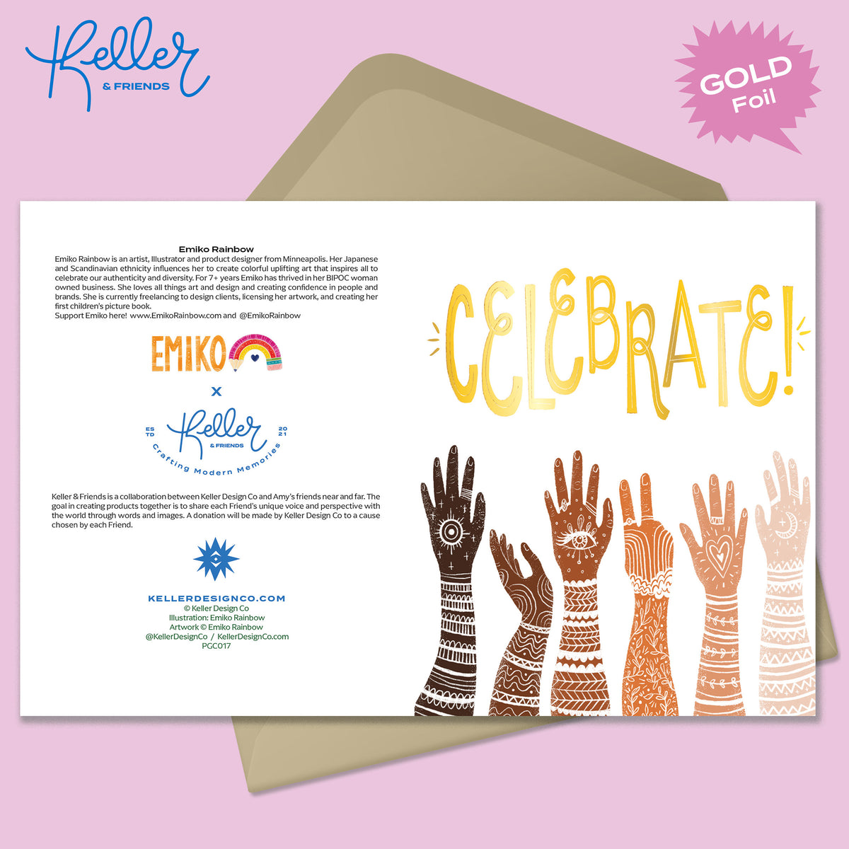 Celebrate Hands (Gold Foil) Greeting Card by Emiko Rainbow