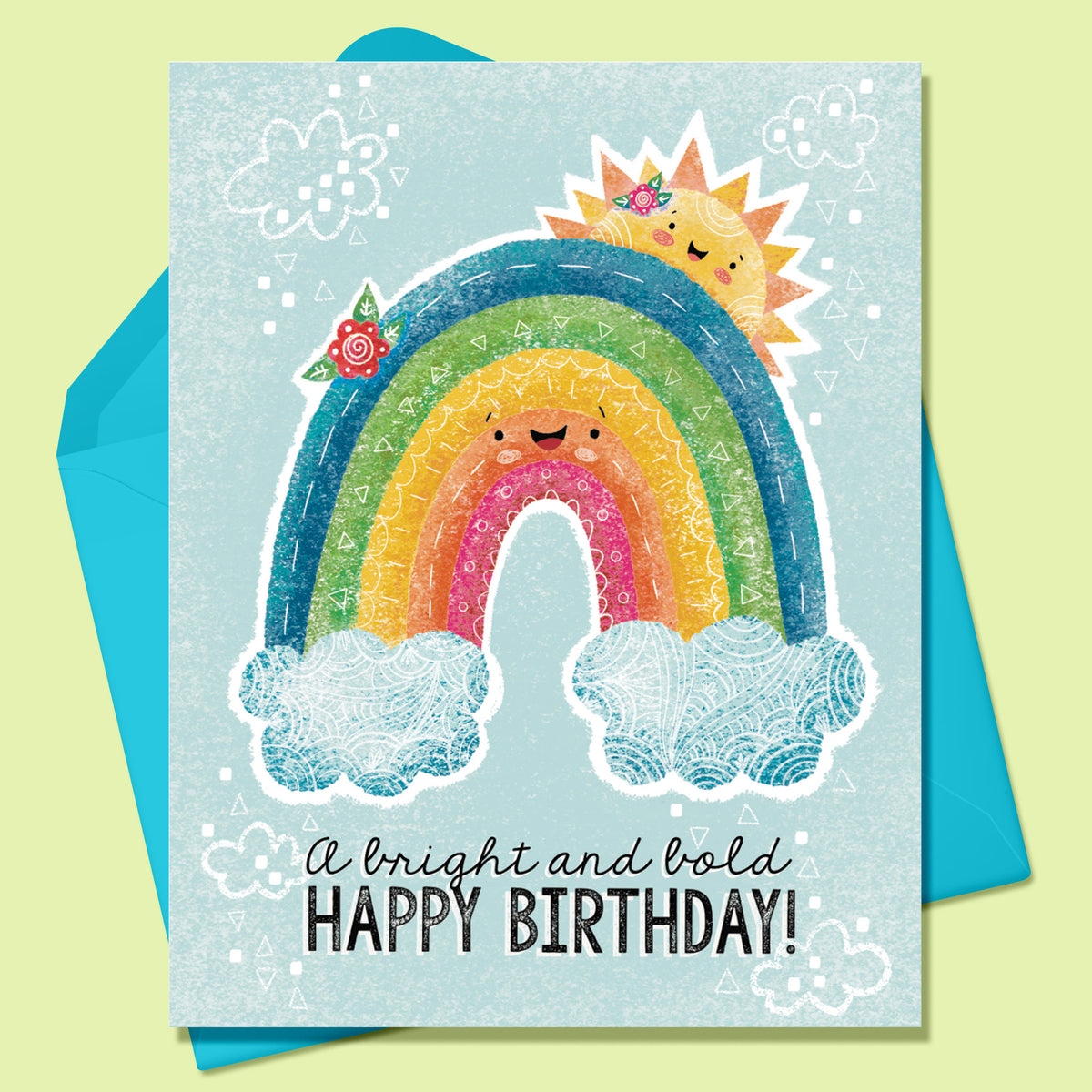 Greeting Card with a Smiling Rainbow and Sun with text that says A Bright and Bold Happy Birthday. There is a turquoise envelope on a lime green background