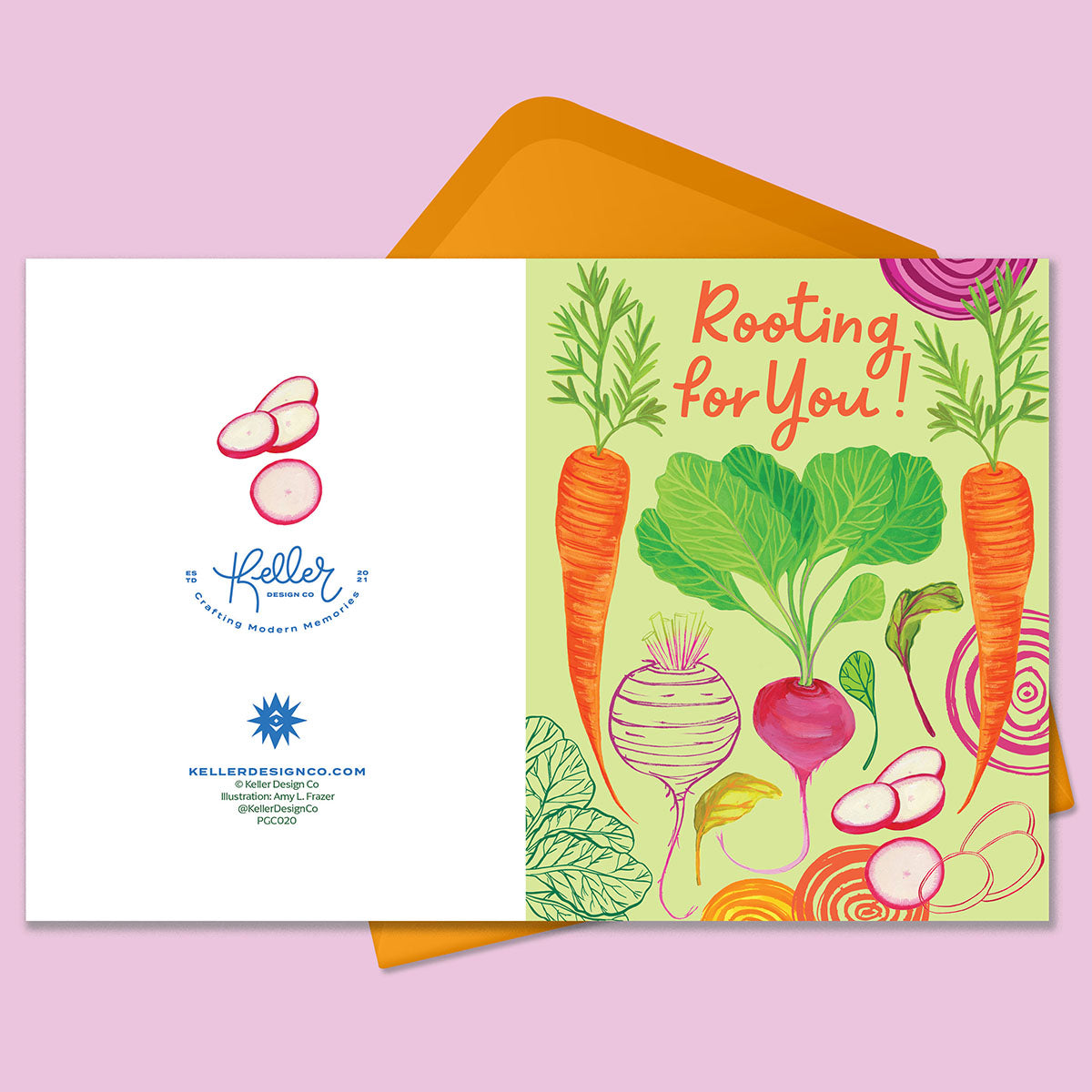 Greeting card with text that says Rooting For You! on a lime green background with orange carrots, pink and red beets, lots of green leaves , orange beets,  yellow beets. With and Orange Envelope on a lavender background.