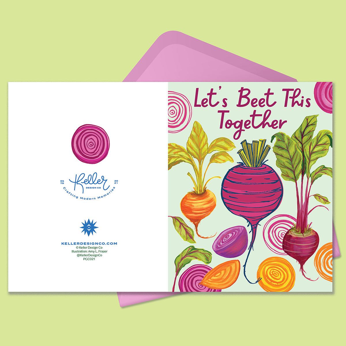 Paper Greeting card with the image of brightly colored beets in orange, pink, purple, on a mint background. Text says Let's Beet This Together. With a pink envelope. On a lime green background.