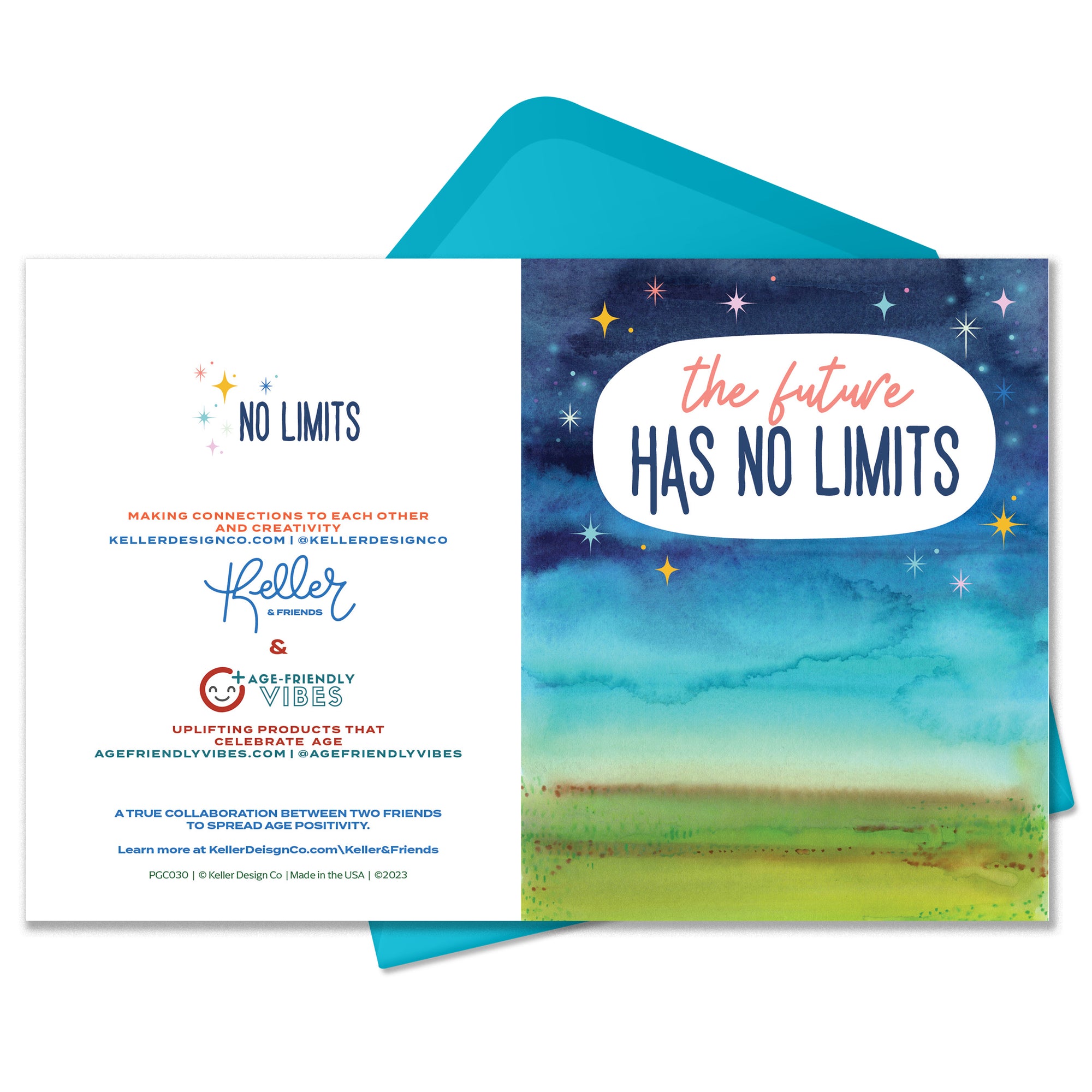 The Future Has No Limits Greeting cards. WAtercolor landscape with sparkly stars. There is a turquoise blue envelope and it sits on a white background. 