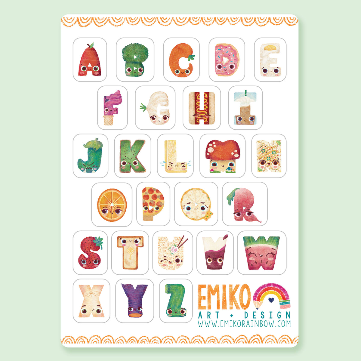 White sheet full of colorful stickers. Each letter represents a fun food character. A, Apple, B Broccoli, C carrot, D Donut , E egg and so on. 